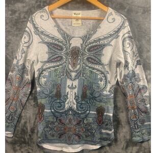 Vocal Apparel Women's Taupe Crystal Sublimation Paisley Long Sleeve Shirt Small